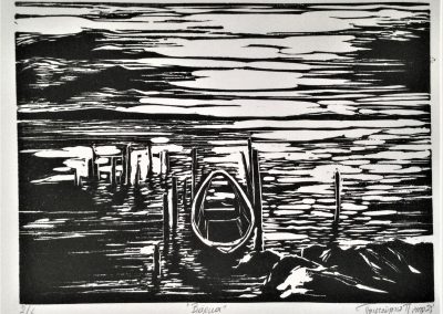 "Small Boat", Engraving on Linoleum, 15x 20 cm, 2021
